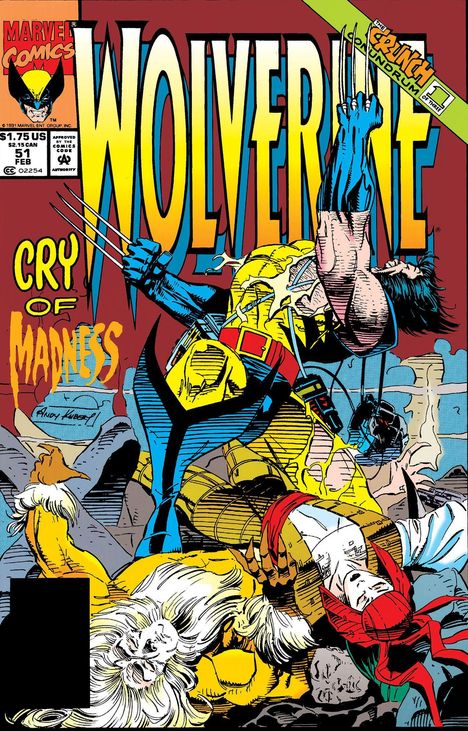 "WOLVERINE" in großen Buchstaben, darunter "Cry of Madness." Illustration zeigt Wolverine, der in einem Kampf verwickelt ist.