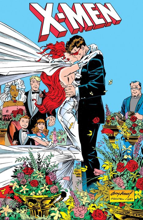 "X-MEN" in großen Buchstaben oben. Ein Paar in Hochzeitskleidung küsst sich, umgeben von Blumen und Menschen.