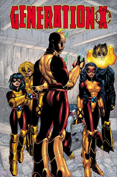 „GENERATION X“, bunte Comicszene mit vier heldenhaften Figuren in auffälligen Kostümen.
