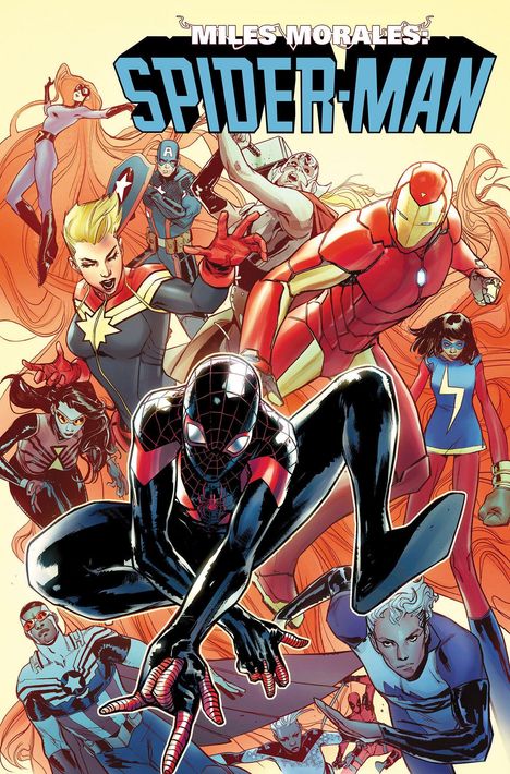 Oben steht "Miles Morales: Spider-Man". Illustration mit Superhelden in dynamischen Posen, zentral Miles Morales.