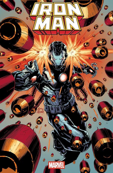 "Iron Man" und "Marvel". Illustration von Iron Man in schwarzer Rüstung, umgeben von großen Geschossen. Dynamisch und actionreich.