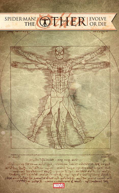 "SPIDER-MAN: THE OTHER EVOLVE OR DIE" steht oben. Zeichnung von Spider-Man im Stil von Da Vincis Vitruvianischem Mensch.