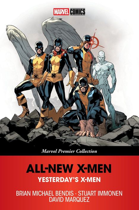 "Marvel Comics" und "ALL-NEW X-MEN YESTERDAY’S X-MEN". Illustration: Fünf Superhelden in gelb-blauen Anzügen, einer mit Flügeln.