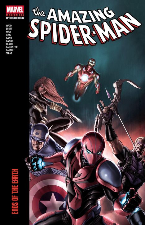 "The Amazing Spider-Man" in kräftigen Buchstaben. Helden in actiongeladenen Posen mit Rüstungen und Waffen. Comic-Stil.
