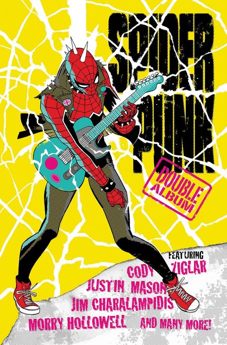 Text: „SPIDER-PUNK“, „DOUBLE ALBUM“. Illustration: Spider-Punk mit Gitarre auf gelbem Hintergrund mit Rissen.