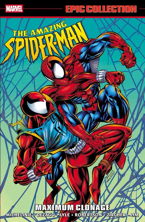 „Maximum Clonage“, „The Amazing Spider-Man“, „War of the Spider-Men“. Zwei Spider-Men kämpfen in dynamischer Pose.