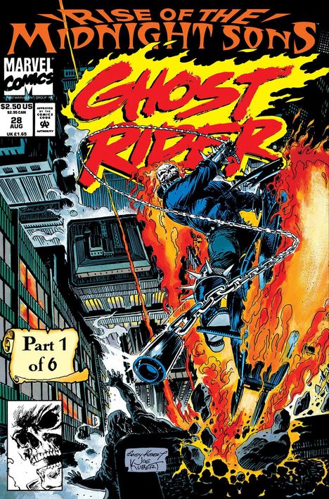 „Ghost Rider“, „Part 1 of 6“. Ein Skelett auf einem feurigen Motorrad fährt durch eine Stadt. Comic-Stil, dynamisch, dramatisch.