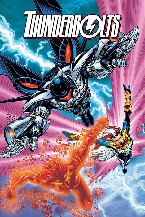 "THUNDERBOLTS"-Schriftzug oben, darunter fliegen maskierte Helden in dynamischer Pose, einer in Flammen gehüllt.