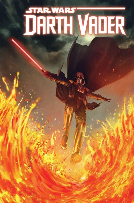 "STAR WARS: DARTH VADER" in großen Buchstaben über einem dramatisch beleuchteten Darth Vader mit rotem Lichtschwert über Lava.