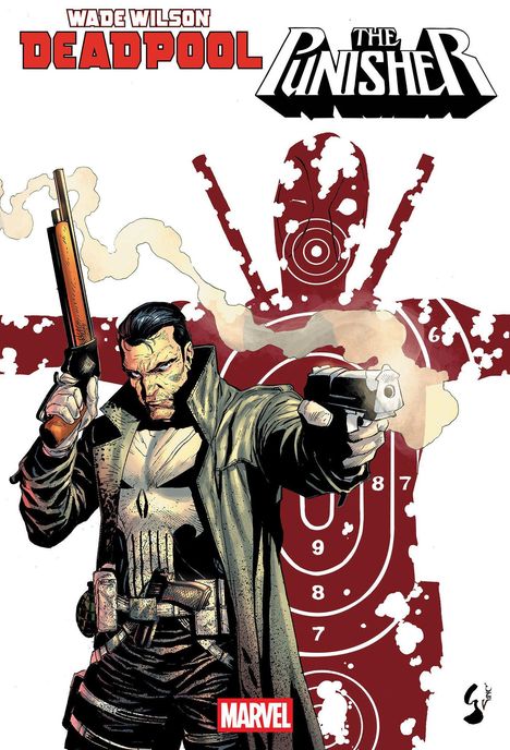 Titel: "Wade Wilson Deadpool". "The Punisher". Comic-Illustration mit bewaffnetem Mann vor Zielscheibe.