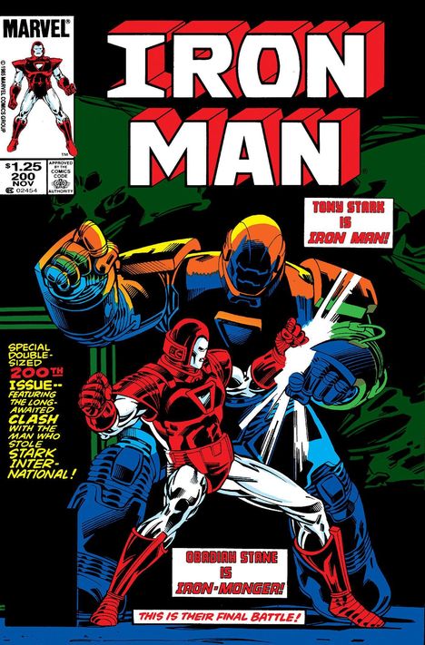 Titel: "IRON MAN". Texthinweise: "Tony Stark is Iron Man!", "Obadiah Stane is Iron Monger!". Illustration: Zwei Kämpfer in Rüstungen.
