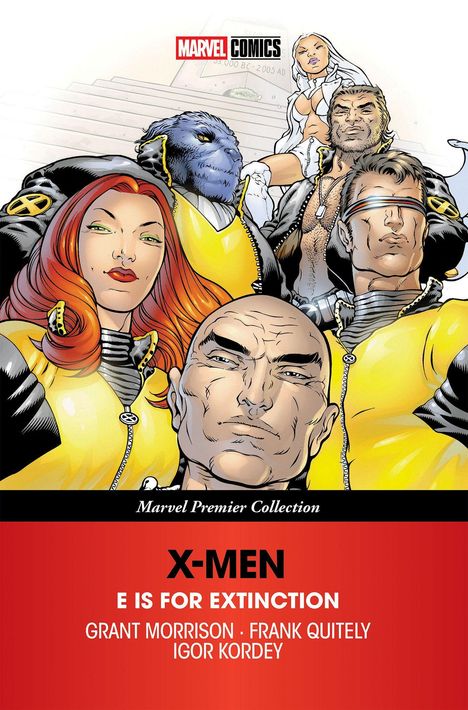 Text: X-MEN, E IS FOR EXTINCTION, GRANT MORRISON, FRANK QUITELY, IGOR KORDEY. Illustration von Comic-Charakteren in gelben Anzügen.