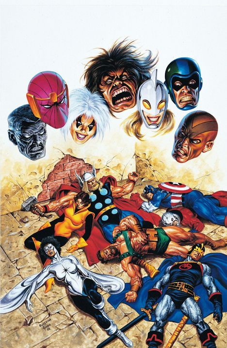 Illustration: Titel "Buscema Austin 98". Helden liegen auf dem Boden, darüber schweben bedrohliche Köpfe.