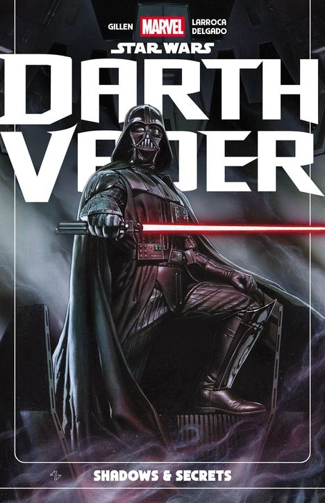 "Star Wars: Darth Vader" steht oben. Illustration von Darth Vader mit rotem Lichtschwert in nebliger Umgebung.