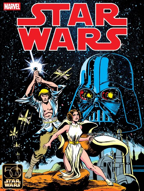 "STAR WARS" in großen roten Buchstaben. Figuren mit Lichtschwert und Blaster, ein großer Helm im Hintergrund.