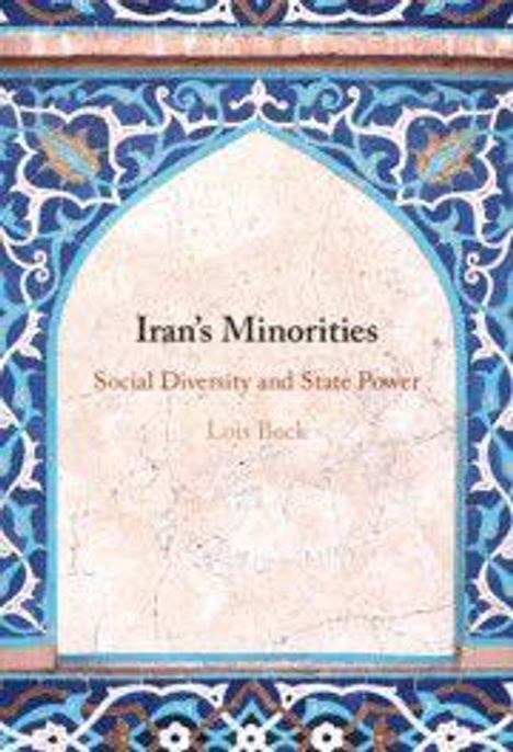 "Text: Iran's Minorities: Social Diversity and State Power, Lois Beck. Hintergrund: Buntes Muster in blauen und weißen Tönen."