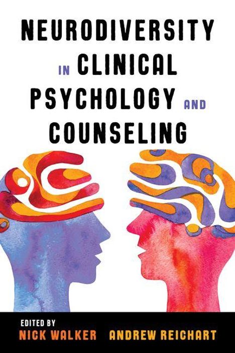"NEURODIVERSITY IN CLINICAL PSYCHOLOGY AND COUNSELING" in fetten Buchstaben. Zwei bunte Profile, rot und blau.