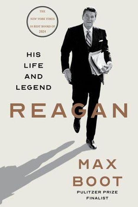 "His Life and Legend," "Reagan," by Max Boot. Ein Mann im Anzug mit Zeitungen und Schatten, minimalistischer Stil.