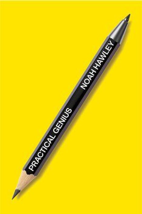Auf einem gelben Hintergrund liegt ein schwarzer Stift mit der Aufschrift "PRACTICAL GENIUS" und "NOAH HAWLEY".