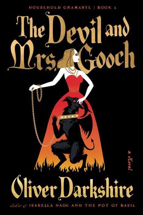 "The Devil and Mrs. Gooch" von Oliver Darkshire. Eine Frau in Rot hält eine Leine mit einem knienden Teufel.