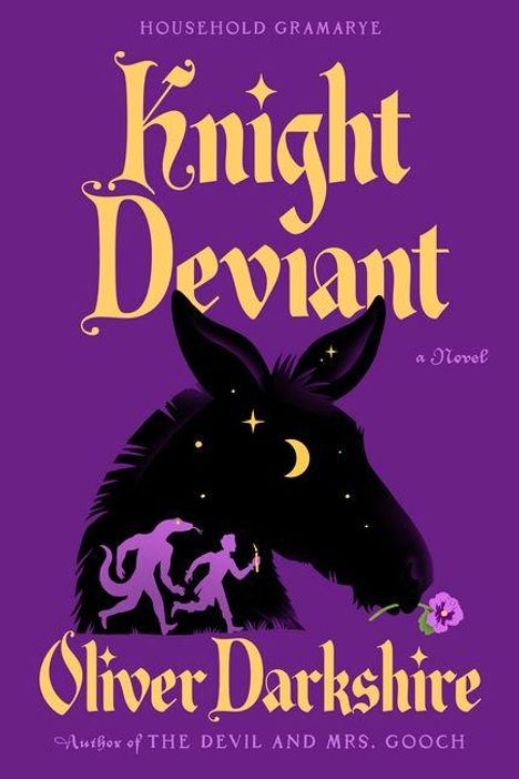 "Knight Deviant", ein Roman von Oliver Darkshire. Silhouette eines Pferdes mit Mondsichel auf lila Hintergrund.