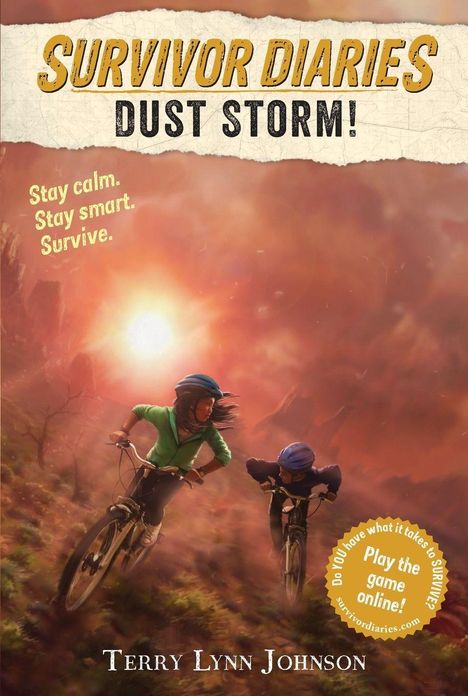 "Survivor Diaries: Dust Storm!" Illustration mit zwei Kindern auf Fahrrädern in einem stürmischen, staubigen Setting.