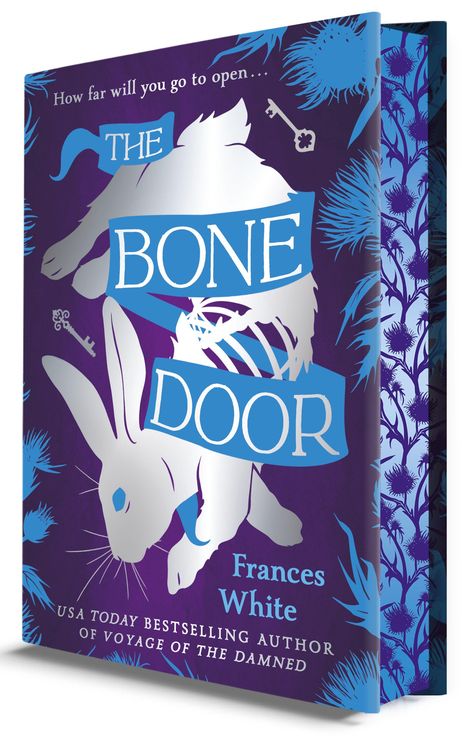„How far will you go to open... THE BONE DOOR. Frances White. USA Today bestselling author.“ Illustration eines Hasens.