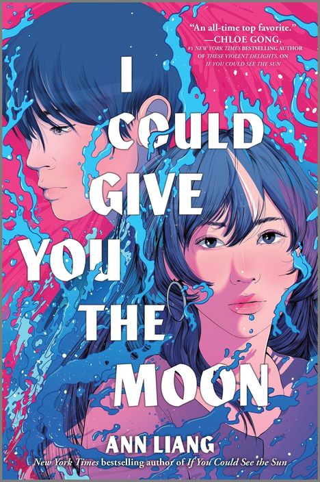 „I COULD GIVE YOU THE MOON“ von Ann Liang. Zwei gezeichnete Gesichter, blau-pink, mit Wasser-Elementen.