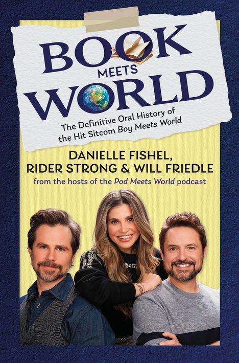 "BOOK MEETS WORLD" steht oben, darunter Bilder von drei lächelnden Menschen vor einem gelben Hintergrund.