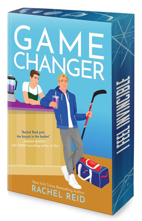 GAME CHANGER, Zitat von Sarina Bowen, Autorin Rachel Reid. Illustration: Zwei Männer, einer hält Eishockeyschläger.