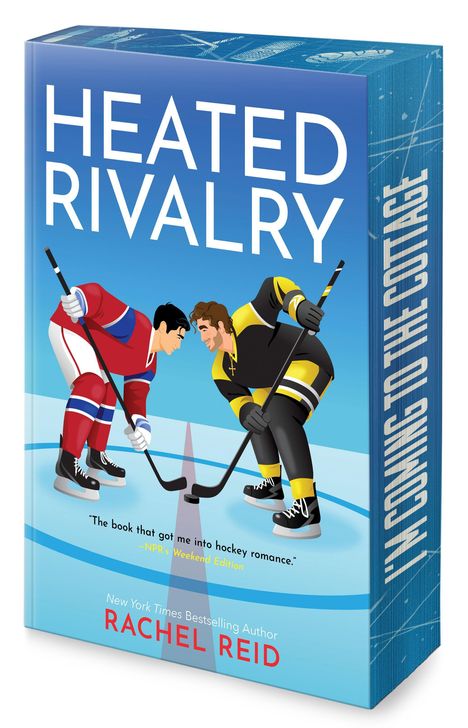 "Heated Rivalry". Zitat von NPR: "The book that got me into hockey romance." Illustration von zwei Hockeyspielern im Duell.