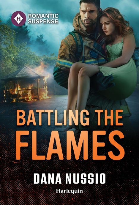 "Battling the Flames", Dana Nussio, Romanze: Ein Feuerwehrmann trägt eine Frau, im Hintergrund brennt ein Pavillon.