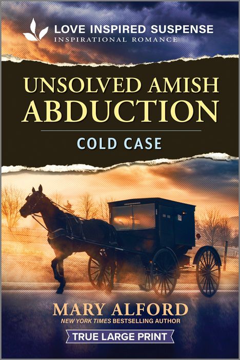 "Unsolved Amish Abduction", "Cold Case", "Mary Alford", "True Large Print". Pferdekutsche vor einem Sonnenuntergang.