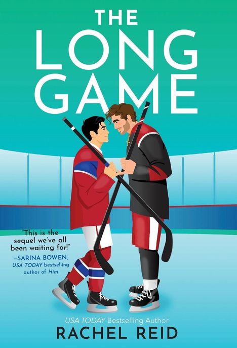 "The Long Game" oben. Zwei Männer in Hockeykleidung stehen sich auf Eisfläche gegenüber.