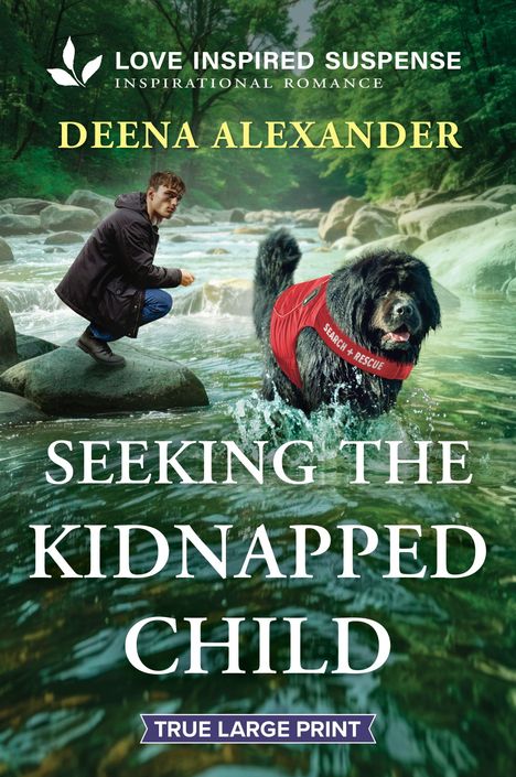 "SEEKING THE KIDNAPPED CHILD," Illustration: Mann kniet auf einem Felsen in einem Fluss, Hund mit "SEARCH + RESCUE"-Weste.