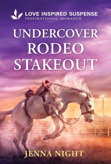 Text: "Love Inspired Suspense Inspirational Romance", "Undercover Rodeo Stakeout", "Jenna Night". Ein Pferd springt in einer Arena.