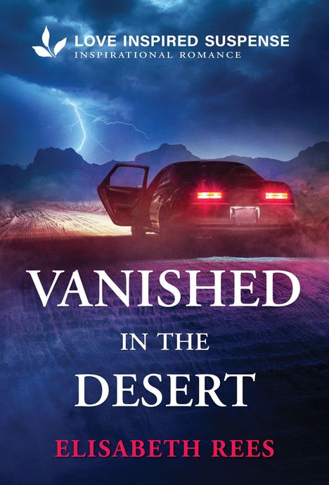 Titel: "VANISHED IN THE DESERT" von Elisabeth Rees. Ein Auto mit offenen Türen steht in einer stürmischen Wüstenlandschaft.
