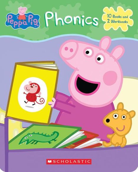 Der Text "Phonics, 10 Books and 2 Workbooks". Illustration von Peppa Pig mit Buch und Kuscheltier.