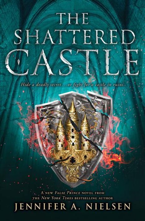 "The Shattered Castle" oben, darunter "Hide a deadly secret... or fight for a castle in ruins." Ein Schild mit goldenen Türmen.