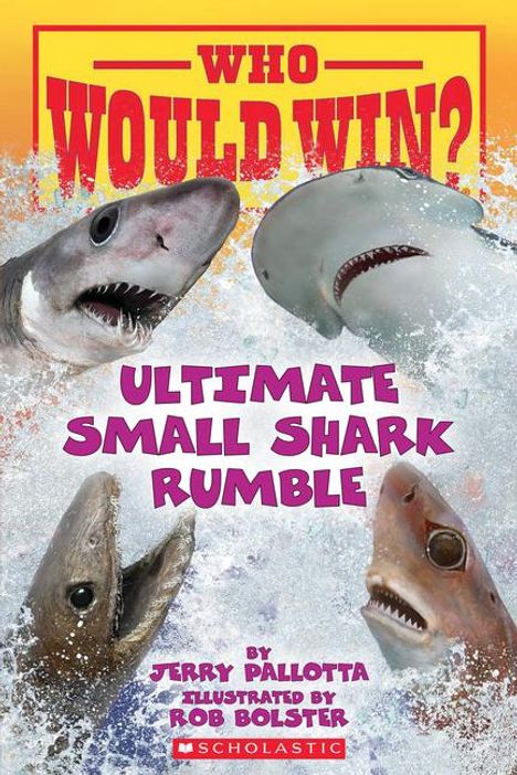 "Who Would Win? Ultimate Small Shark Rumble" zeigt vier Haie im Wasser in einer spannenden Illustration.