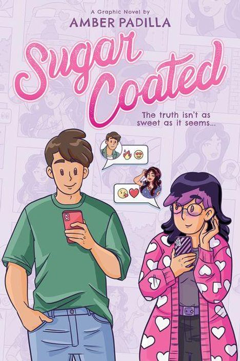 Oben steht "Sugar Coated" in pink. Zwei Figuren nutzen ihre Smartphones, neben ihnen sind Textnachrichten zu sehen.