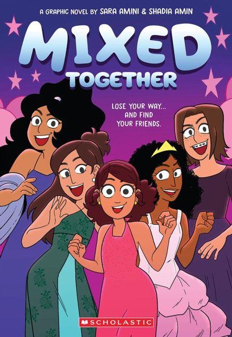 „MIXED TOGETHER. Lose your way… and find your friends.“ Fünf lachende Mädchen in bunten Kleidern vor lilafarbenem Himmel.