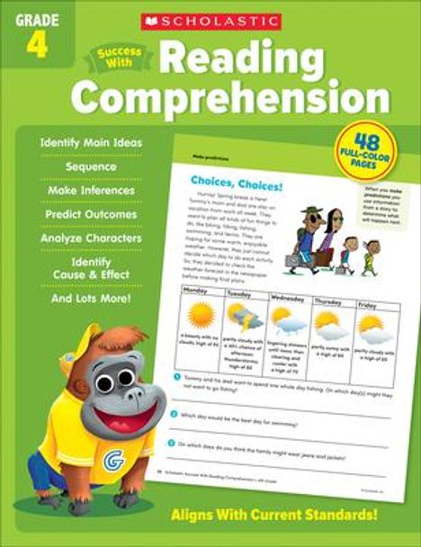 "Grade 4", "Reading Comprehension", "Choices, Choices!", "48 full-color pages", "Aligns With Current Standards." Ein Affe mit Hut.