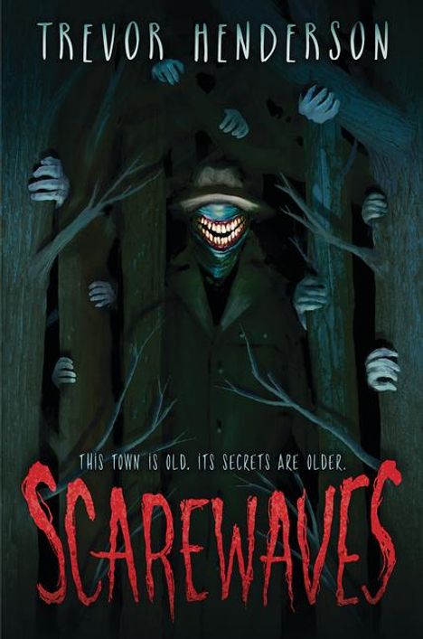 "Scarewaves" - Illustration mit einem gruseligen Gesicht, umgeben von Händen, in dunklen Farben.
