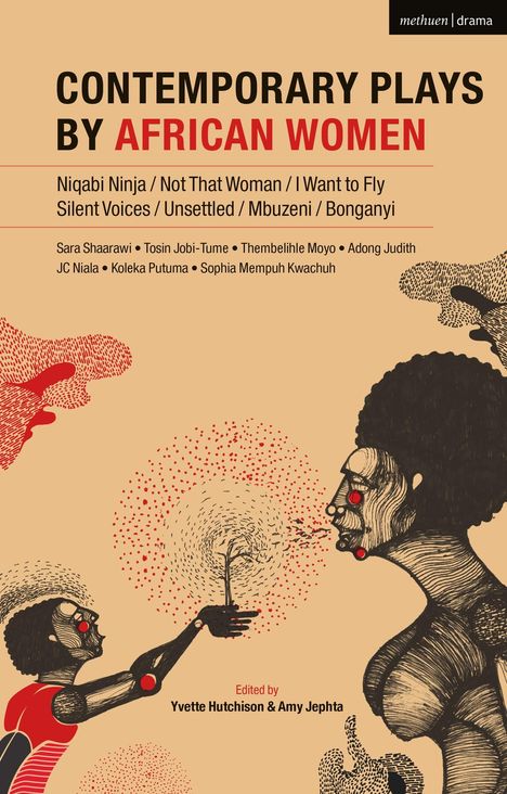 "Contemporary Plays by African Women" über zwei illustrativ gezeichnete Figuren mit stilisierten Details und Bäumen.