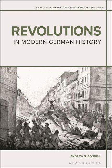 „REVOLUTIONS IN MODERN GERMAN HISTORY“, Illustration von Straßenkampf in einer Stadt, Menschen auf Barrikaden.