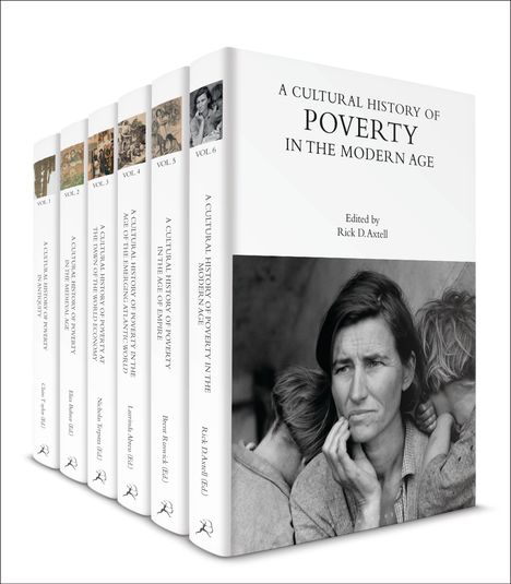 "Vol. 1-6: A Cultural History of Poverty," mit unterschiedlichen historischen Epochen. Schwarz-Weiß-Foto einer nachdenklichen Frau.