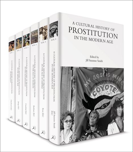 Sechs Bücher mit dem Titel "A Cultural History of Prostitution", herausgegeben von Jill Suzanne Smith.