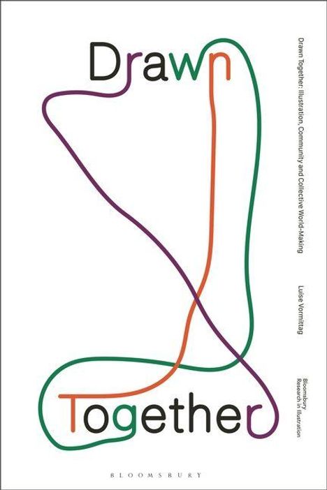 "Drawn Together" und "Together" in bunten Linien geschrieben. Eine vertikale Linie zeigt Buchdetails.