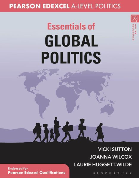 "Essentials of Global Politics" in großen Buchstaben, Weltkarte und Silhouetten von Menschen mit Gepäck, darunter Autoren.
